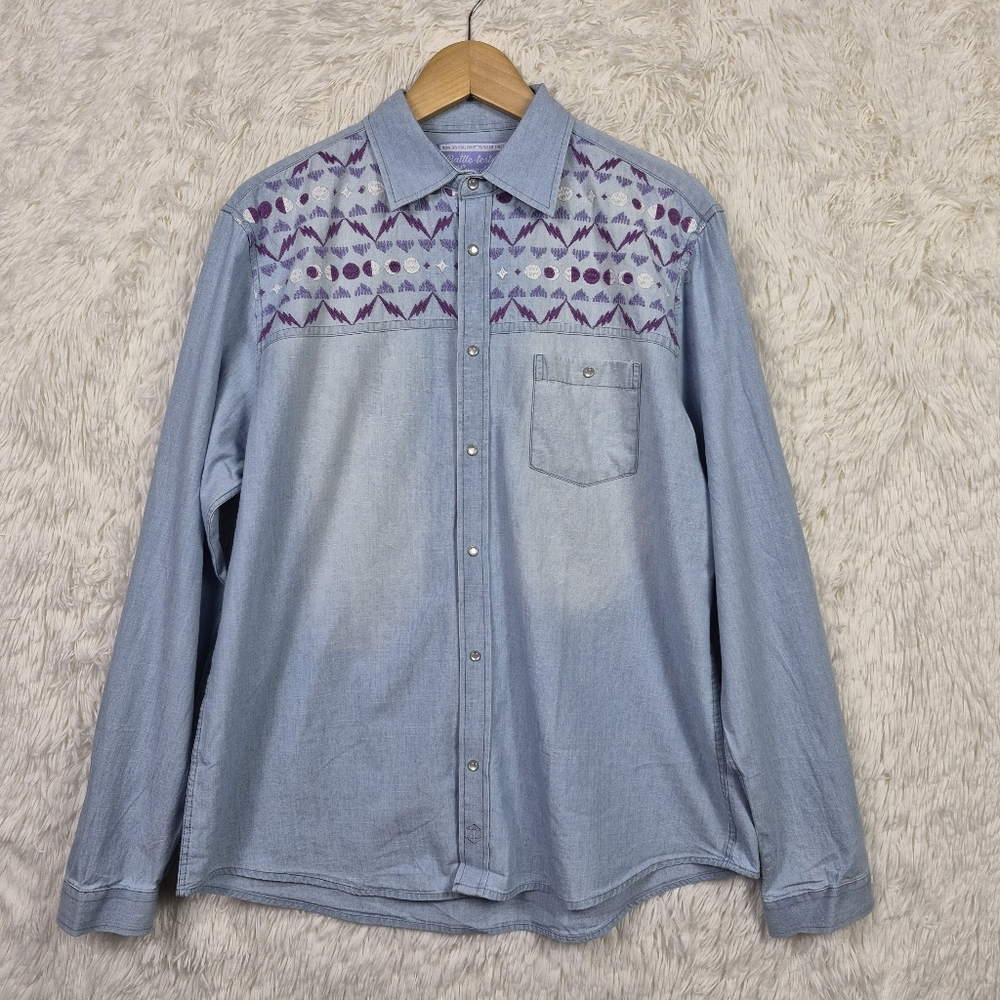 NWT Battle Tested in Exandria Imogen Oversize Denim Pearl Snap Bells Hells Sz Lg